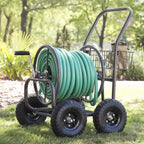 Residential Grade Four Wheel Steel Frame Water Hose Reel Cart With Basket, Brown Bronze - 250 Foot Capacity