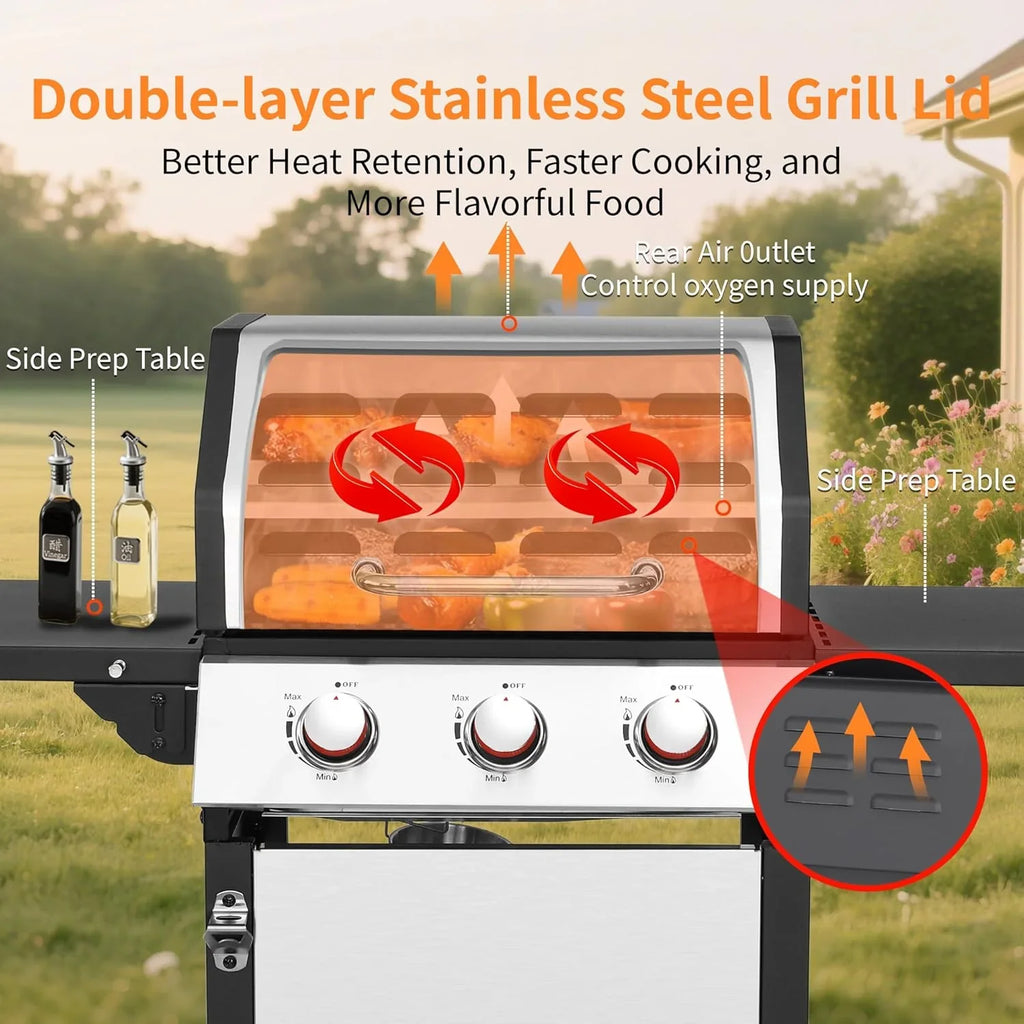 3-Burner Propane Gas Grill With 30,000 BTU Output - Double-Layer Stainless Steel Grill Lid