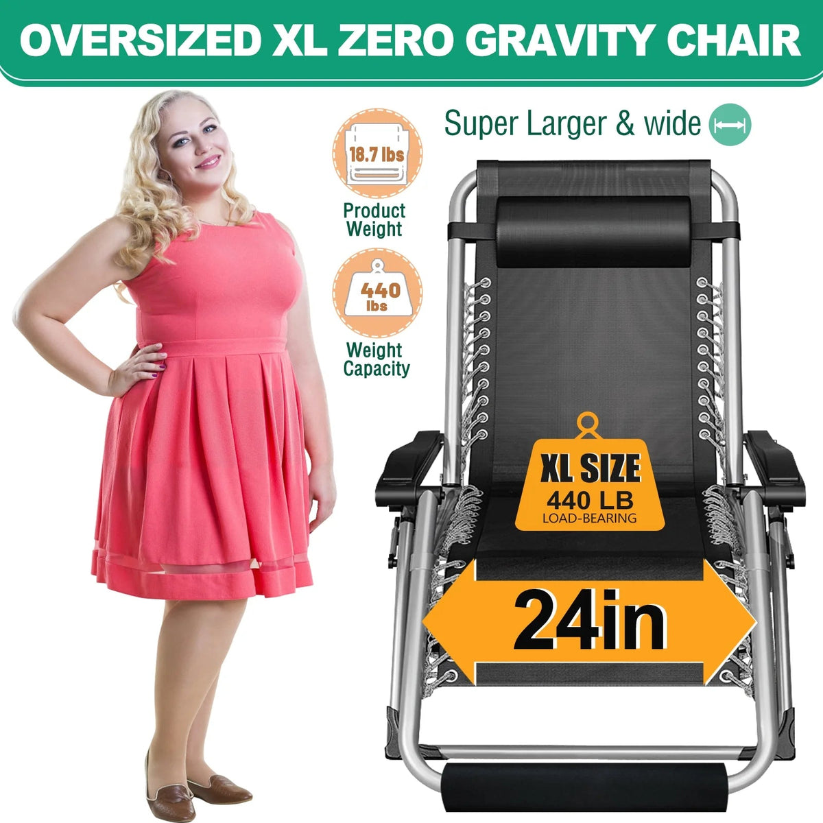 NAIZEA Zero Gravity Chair With Removable Cushion, Cup Holder, and Black Color