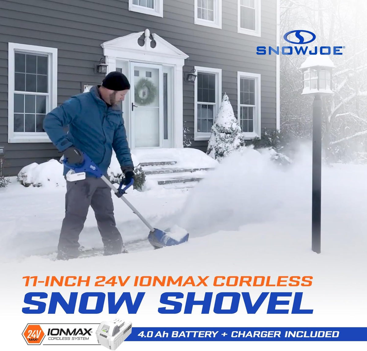 Snow Joe Cordless Electric Snow Shovel Kit 24V 4Ah Battery, Charger, 11in Clearing Width, 400W - 24V-SS11