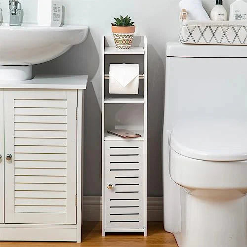 Toilet Paper Holder Storage Cabinet Stand With 3 Open Shelves - PVC
