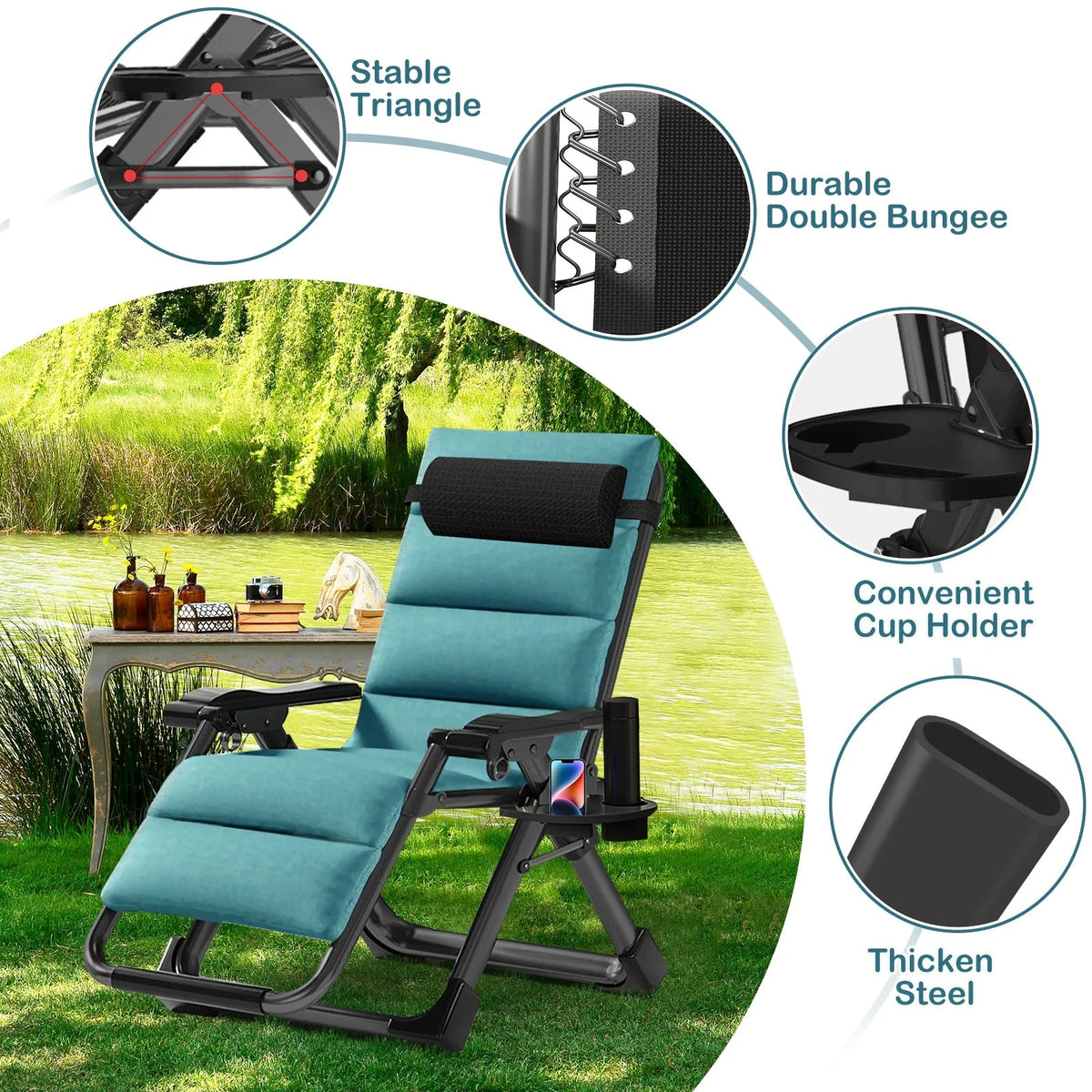 NAIZEA Zero Gravity Chair With Removable Cushion, Cup Holder, and Black Color