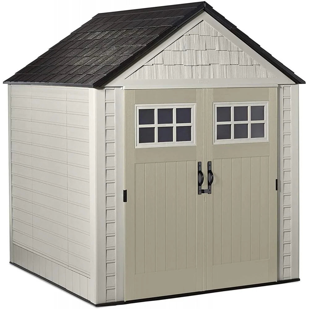 7x7 Ft Resin Outdoor Garden Storage Shed With Windows And Utility Hooks, Sand
