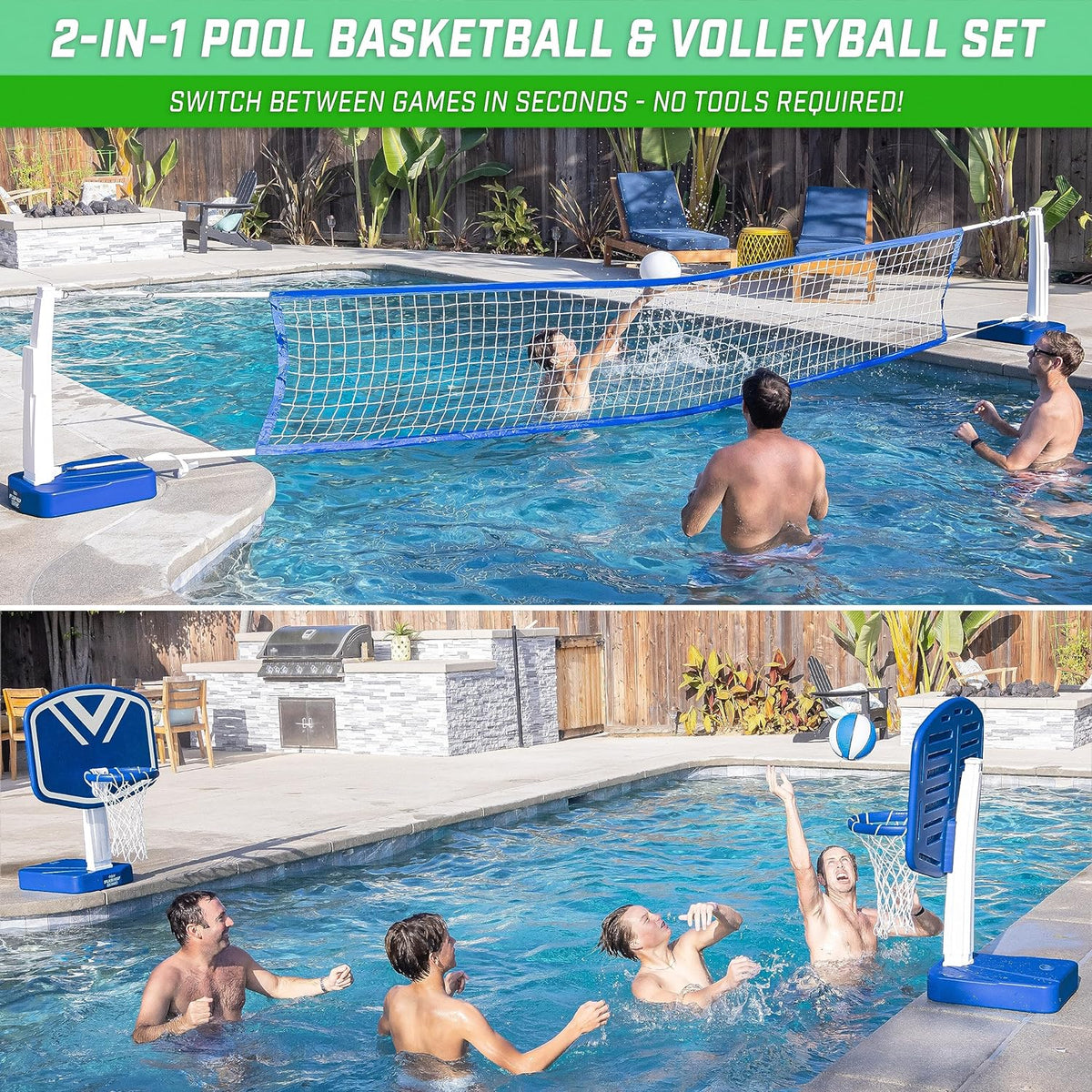GoSports Splash Hoop 2-in-1 Pool Basketball & Volleyball Game Set - BB-SP-PRO-FULLCOURT