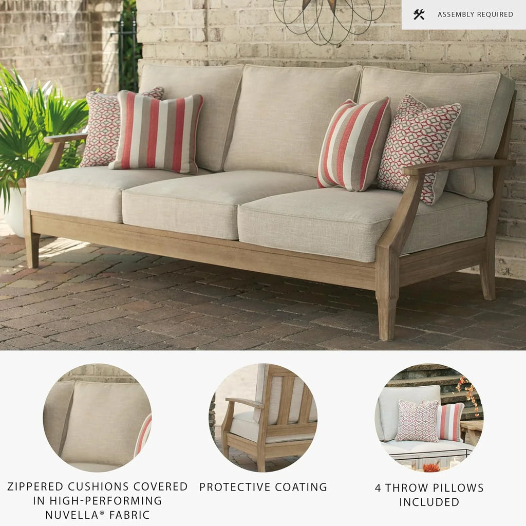 Signature Design by Ashley Clare View Outdoor Patio Eucalyptus Sofa With Cushions, Beige