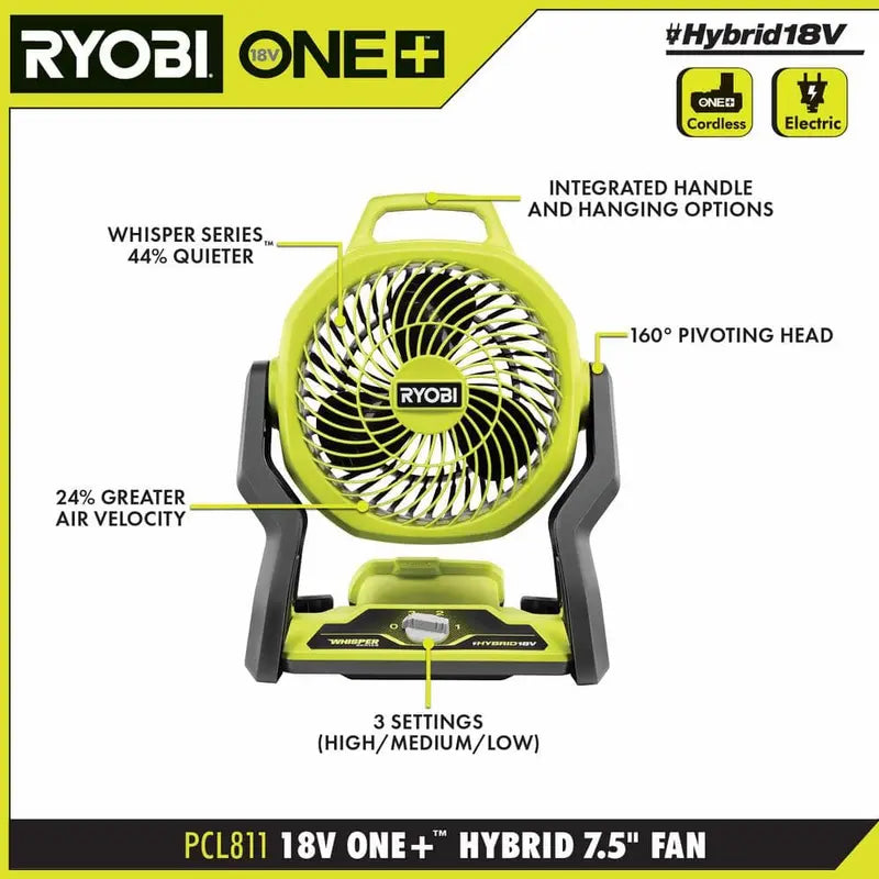 RYOBI ONE+ 18V Cordless Hybrid Whisper Series 7-1/2 in Fan Kit With 2.0 Ah Battery And Charger - PCL811KN