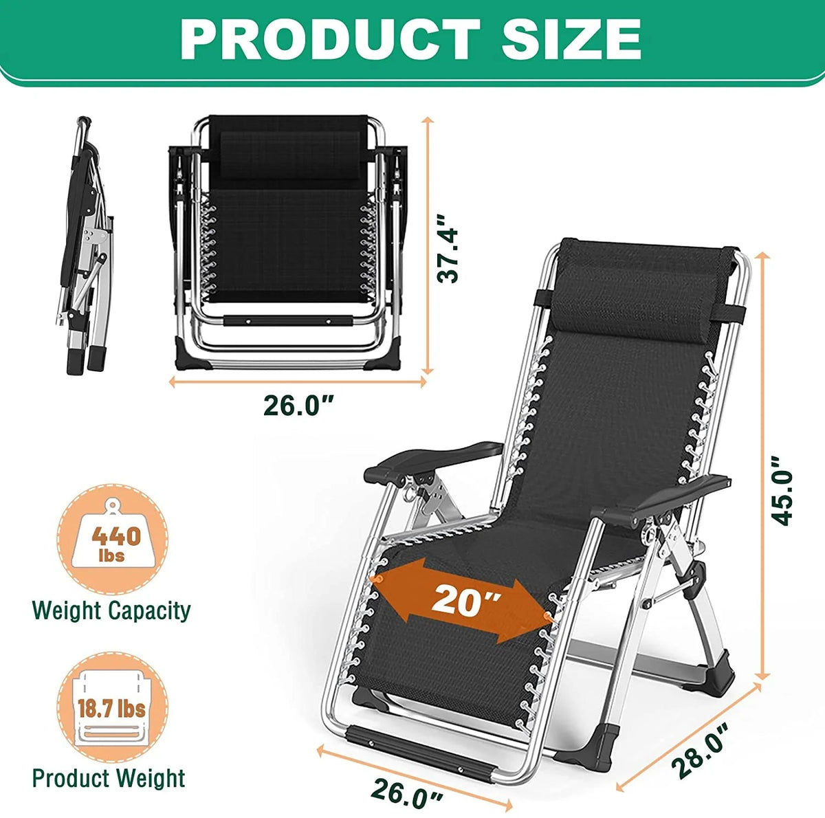 NAIZEA Zero Gravity Chair With Removable Cushion, Cup Holder, and Black Color