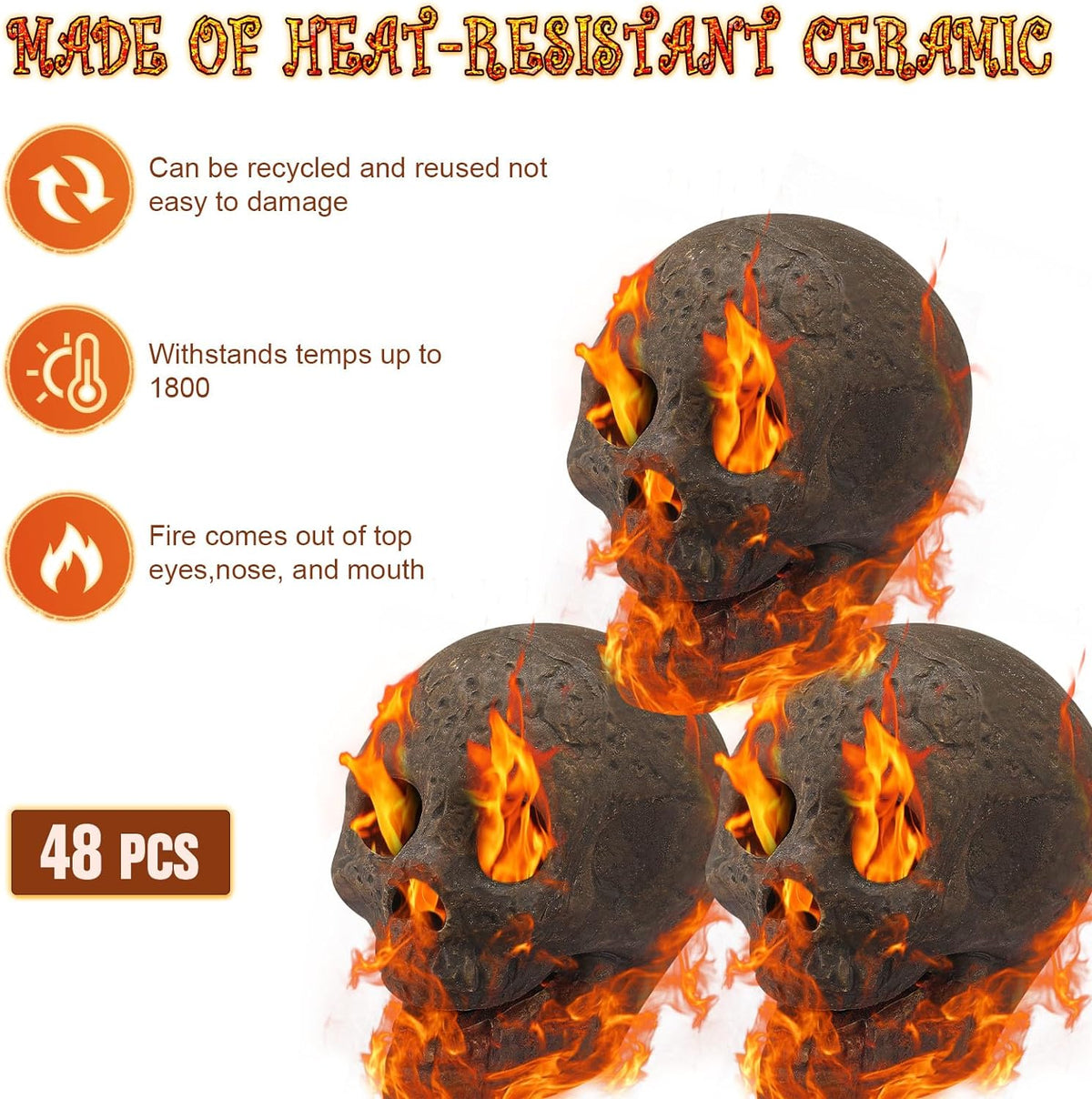 Zhehao Fire Pit Skulls, 48-Pack, 3 x 3 x 2.4 Inches