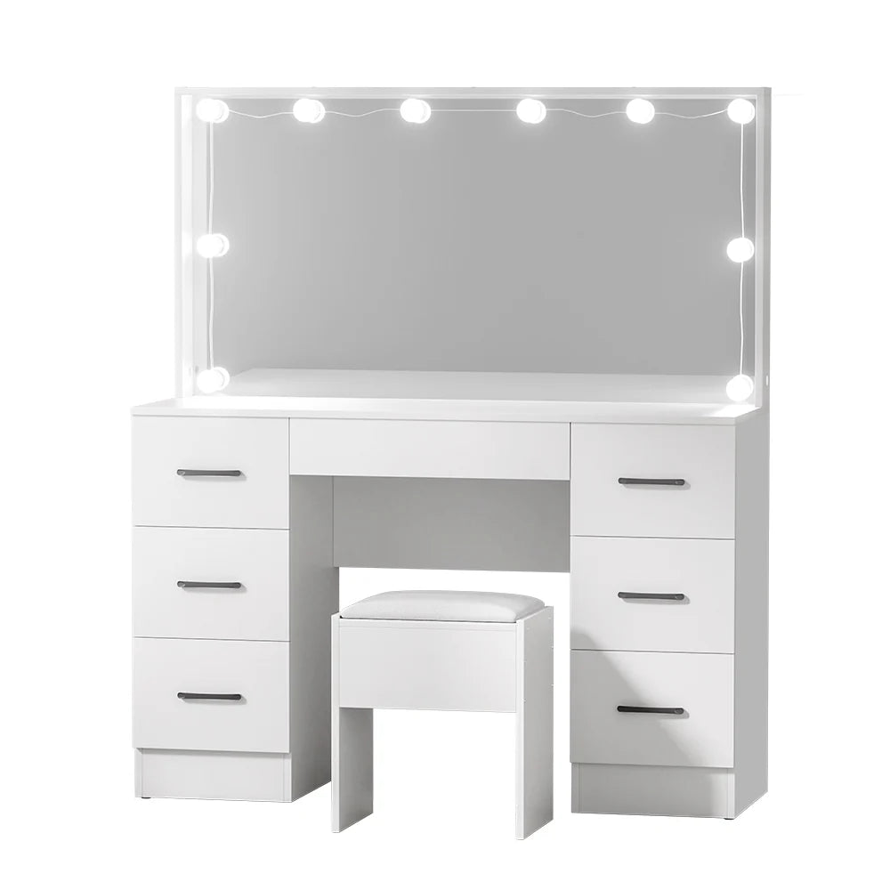 Artiss Dressing Table Set With Stool, 10 LED Bulbs, White - Debbie