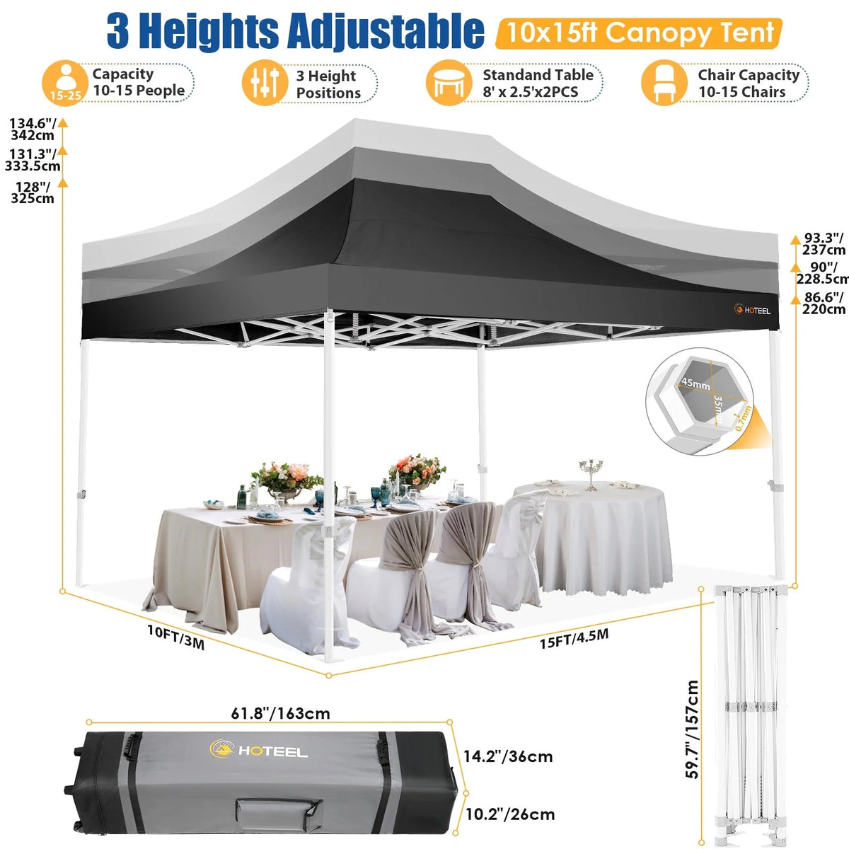 HOTEEL Heavy Duty Pop-Up Canopy Tent 10x15, 4 Sidewalls, Black