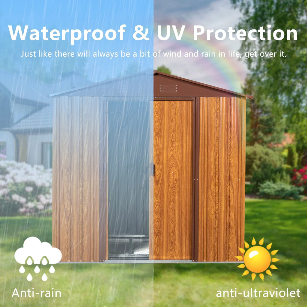 Outdoor Metal Storage Shed 6.36 x 5.7ft With Floor Frame, Sliding Doors, Brown & Wood Grain, No Window