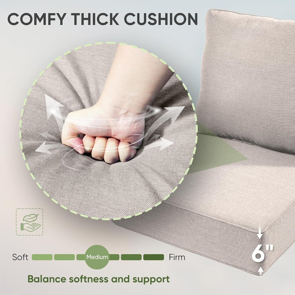 moosprr Outdoor Chair Cushion Set - 24x24, 6 Inch Thick, Beige, 3 Seat And 3 Back Cushions