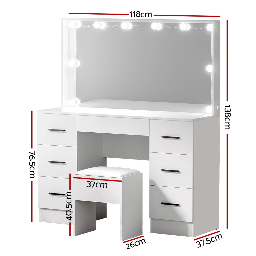 Artiss Dressing Table Set With Stool, 10 LED Bulbs, White - Debbie