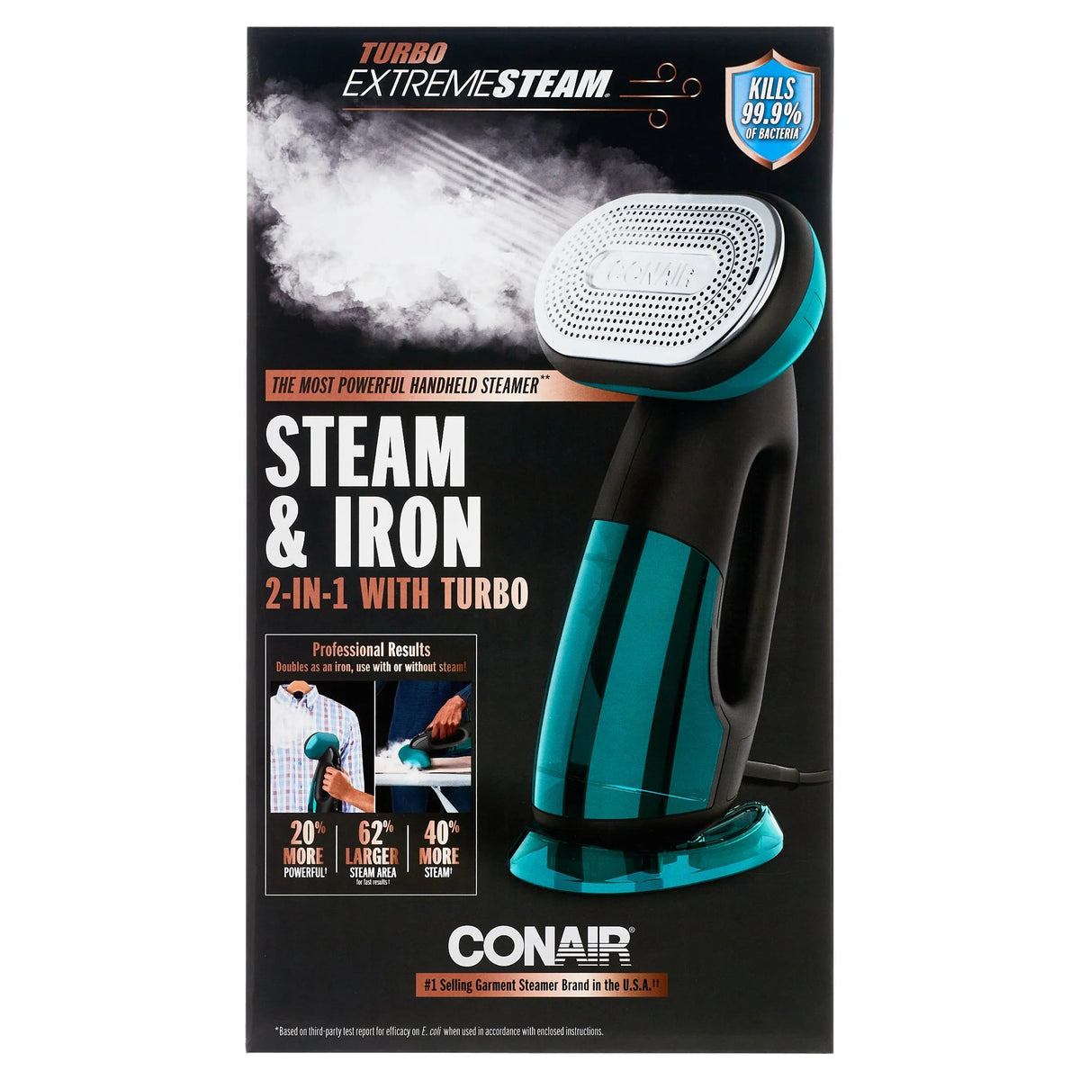 Conair Turbo ExtremeSteam 1875 Watt 2-in-1 Handheld Fabric Steamer and Iron, Black/Green - GS107