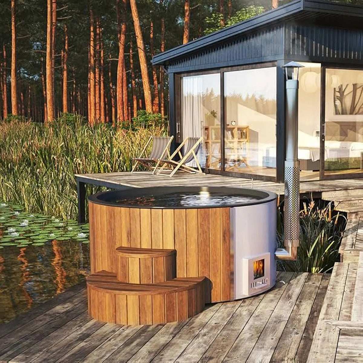SaunaLife Wood-Fired Hot Tub, Natural, Up To 6 Persons, Thermo-Spruce, 79 in Diameter - S4N