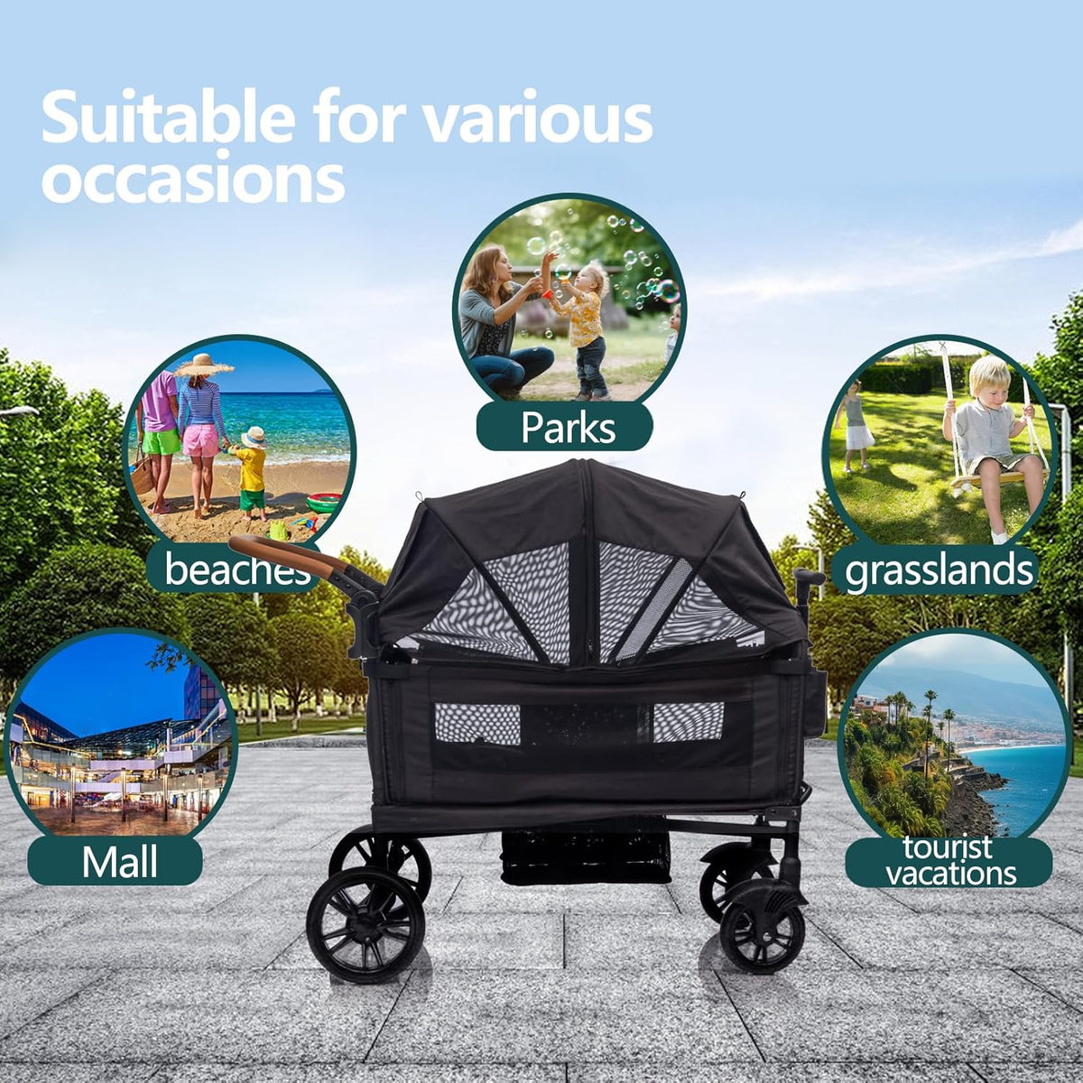Wagon Stroller For 2 Kids And Cargo With 5-Point Harness