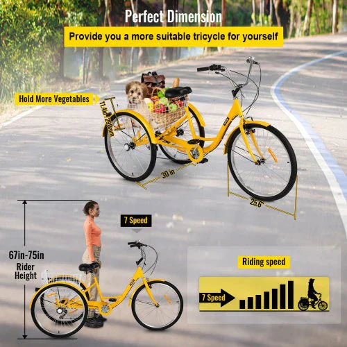 Adult Tricycle 26 in 7 Speed 3 Wheel Bike With Basket - Yellow