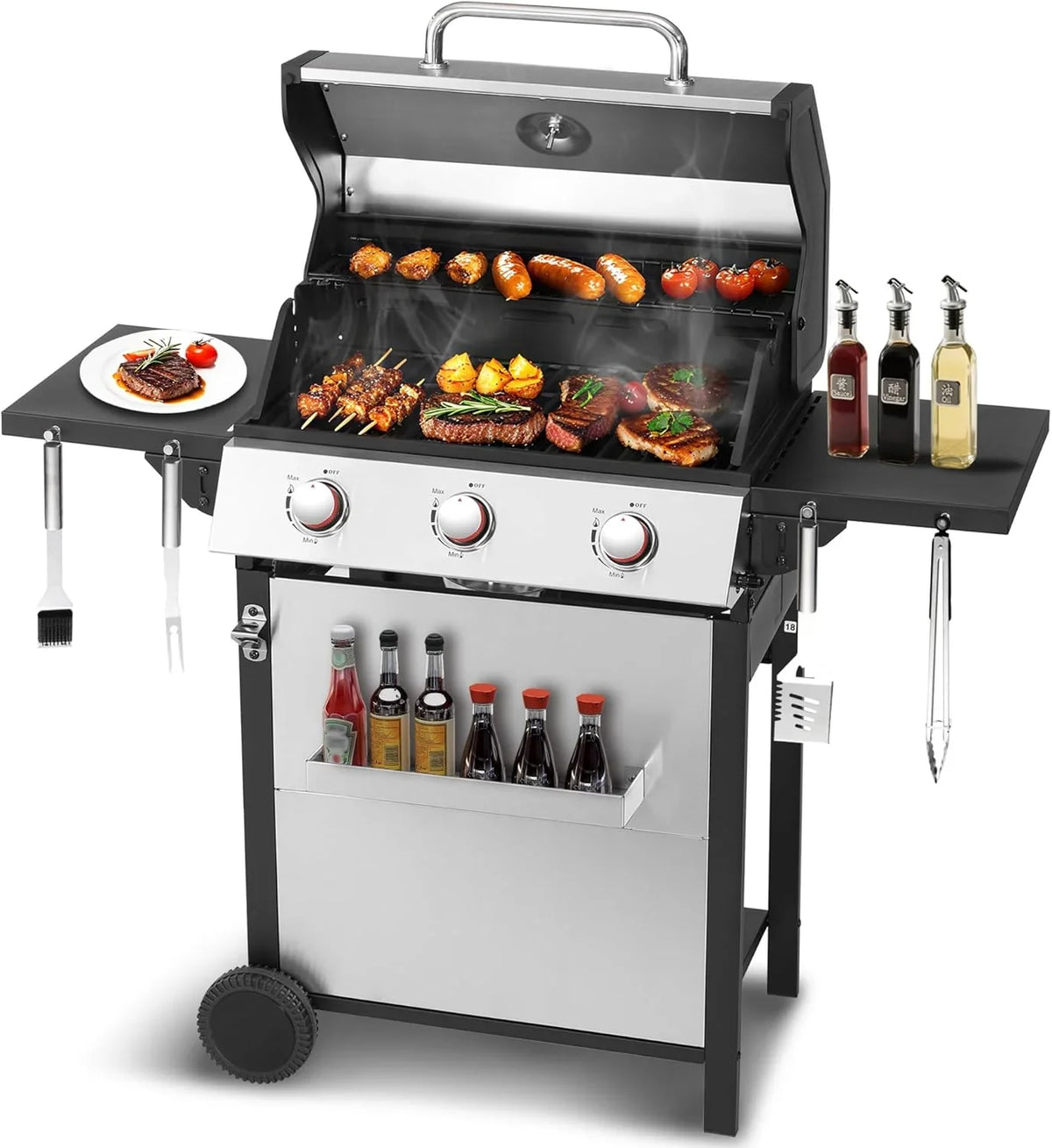 3-Burner Propane Gas Grill With 30,000 BTU Output - Double-Layer Stainless Steel Grill Lid