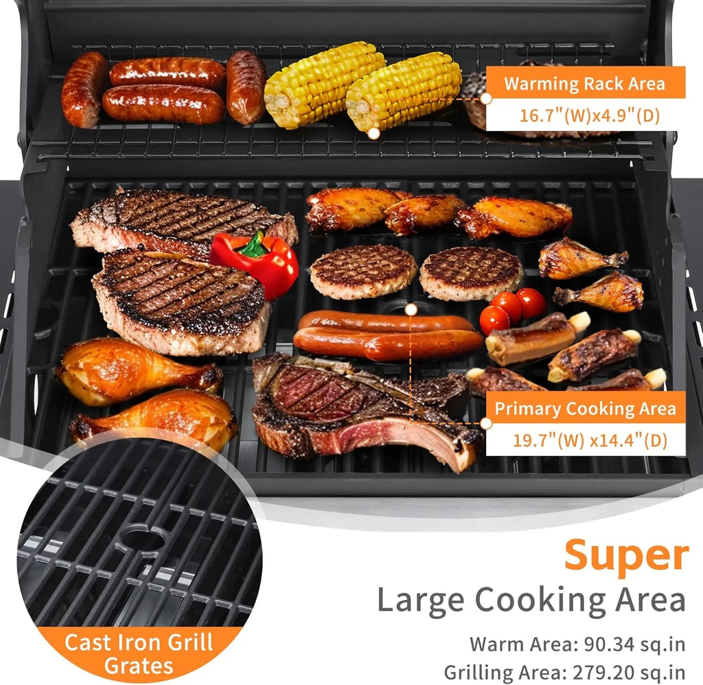 3-Burner Propane Gas Grill With 30,000 BTU Output - Double-Layer Stainless Steel Grill Lid
