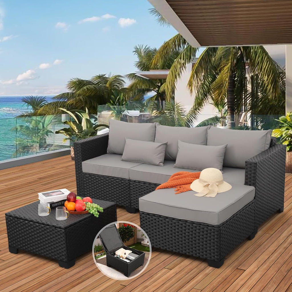 3-Piece Outdoor Sectional Wicker Patio Furniture Set With Ottoman And Storage Table - Light Grey
