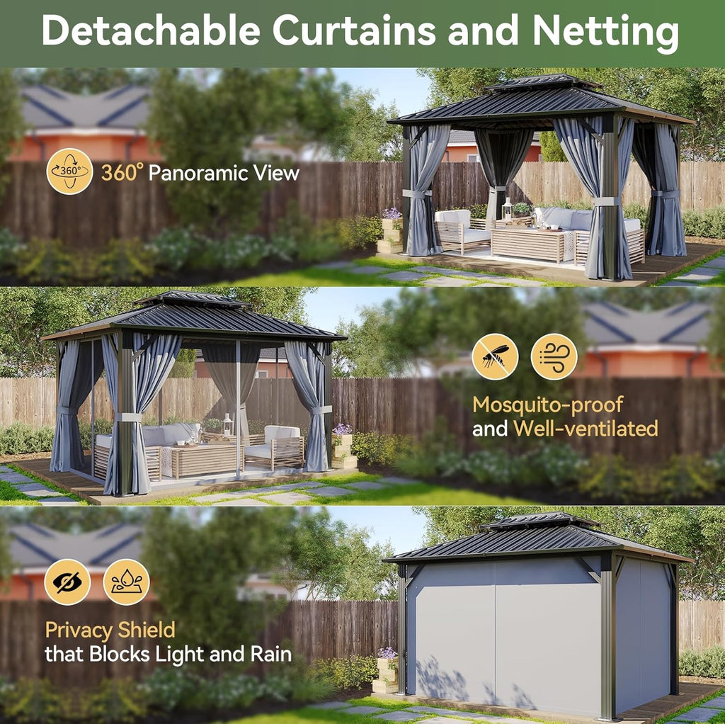 Aoxun 10x12 Hardtop Gazebo With Double Galvanized Steel Roof, Gray