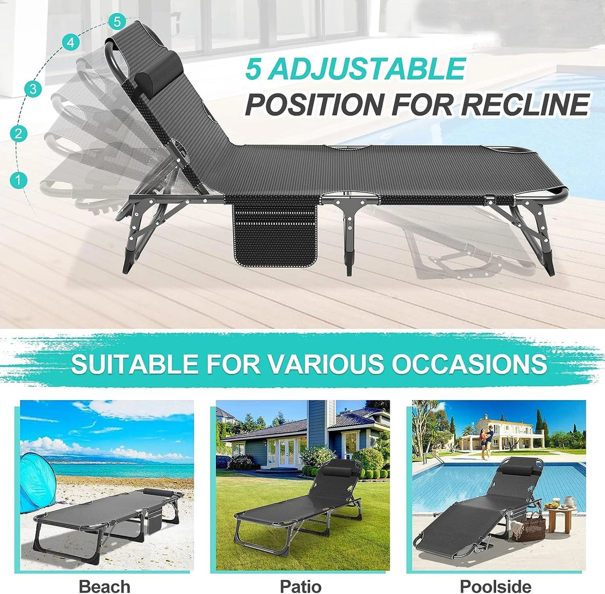 Slsy 5-Position Adjustable Folding Lounge Chair And Cot - 75.2" x 25.6" x 11.8"