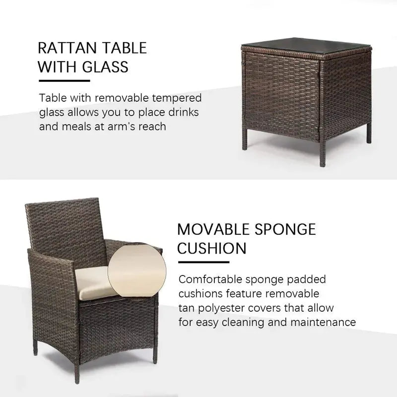 Devoko 3-Piece Brown PE Rattan Patio Furniture Set With 2 Chairs And Tea Table - 21.5 x 19.5 x 33.5 in Chairs, 15.75 x 15.75 x 17.75 in Table