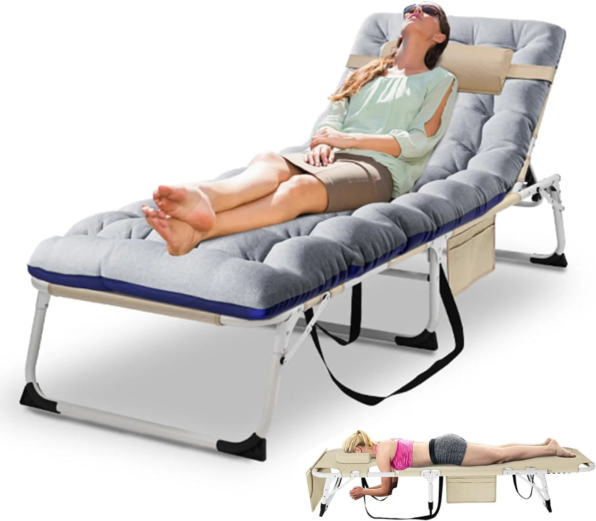 Slsy 5-Position Adjustable Folding Lounge Chair And Cot - 75.2" x 25.6" x 11.8"