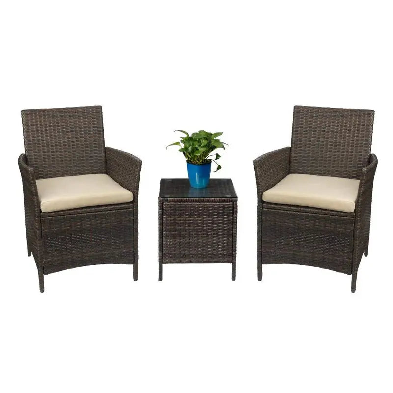 Devoko 3-Piece Brown PE Rattan Patio Furniture Set With 2 Chairs And Tea Table - 21.5 x 19.5 x 33.5 in Chairs, 15.75 x 15.75 x 17.75 in Table