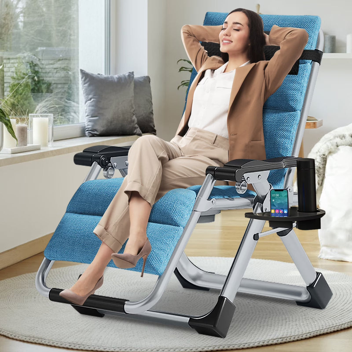 NAIZEA Zero Gravity Chair With Removable Cushion, Cup Holder, and Black Color