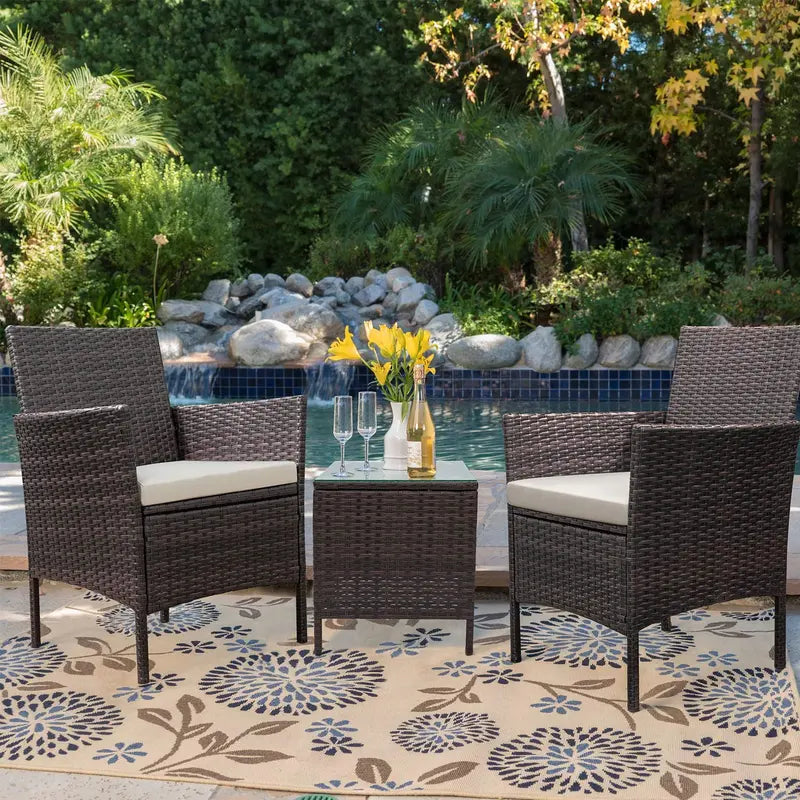 Devoko 3-Piece Brown PE Rattan Patio Furniture Set With 2 Chairs And Tea Table - 21.5 x 19.5 x 33.5 in Chairs, 15.75 x 15.75 x 17.75 in Table