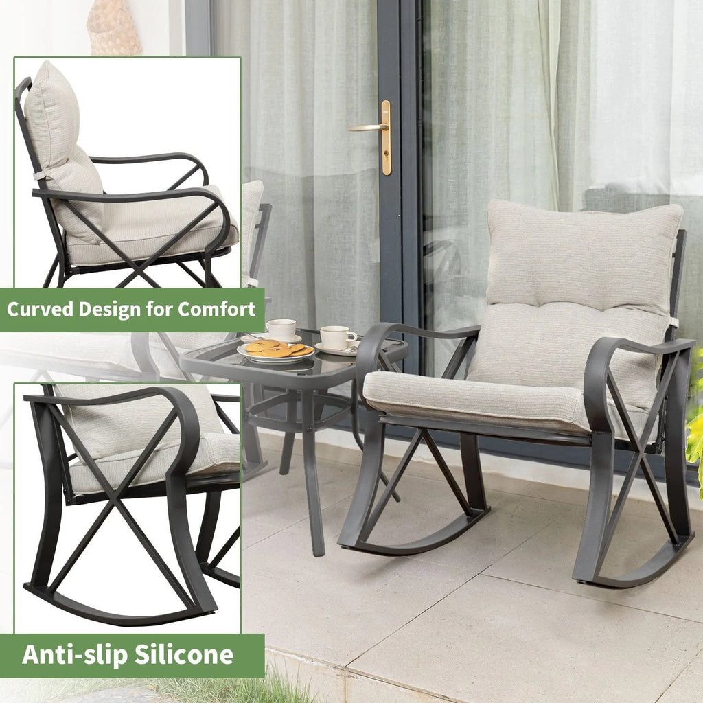 COSIEST 3 Piece Metal Bistro Set With Beige Cushions And Coffee Table