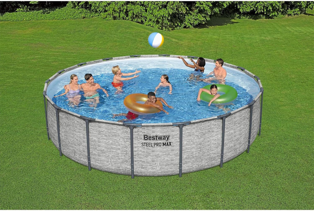 Steel Pro MAX 14 Foot x 48 Inch Round Steel Frame Above Ground Pool Set With 1,000 Filter Pump, Ladder And Cover - Gray