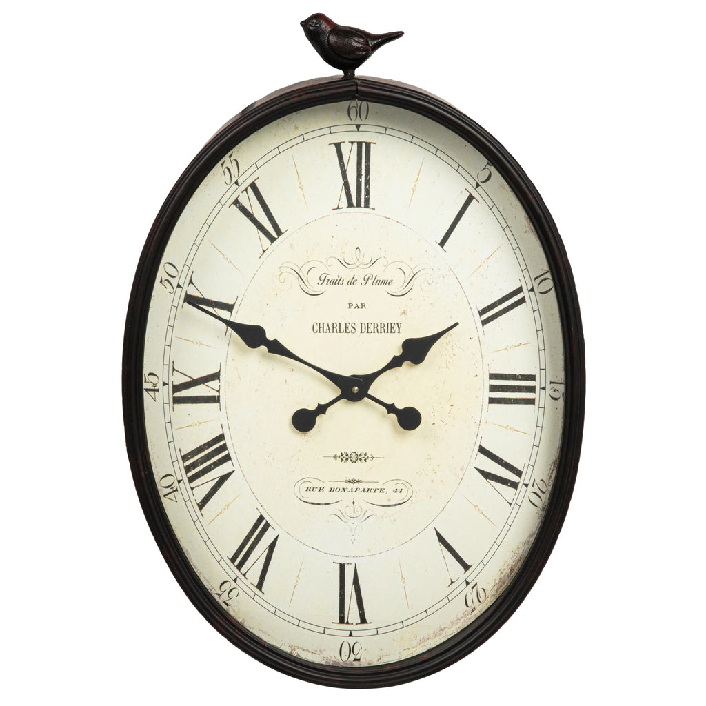 Metal Oval Wall Clock With Bird Design, 17 in L x 3 in W x 25.25 in H - Vintage