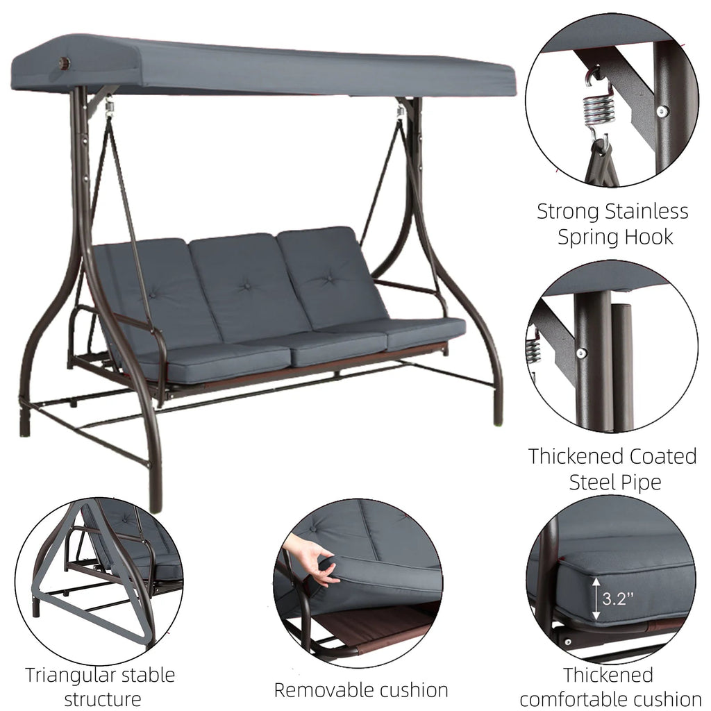 Arlopu 3-Person Outdoor Convertible Porch Swing Glider With Canopy