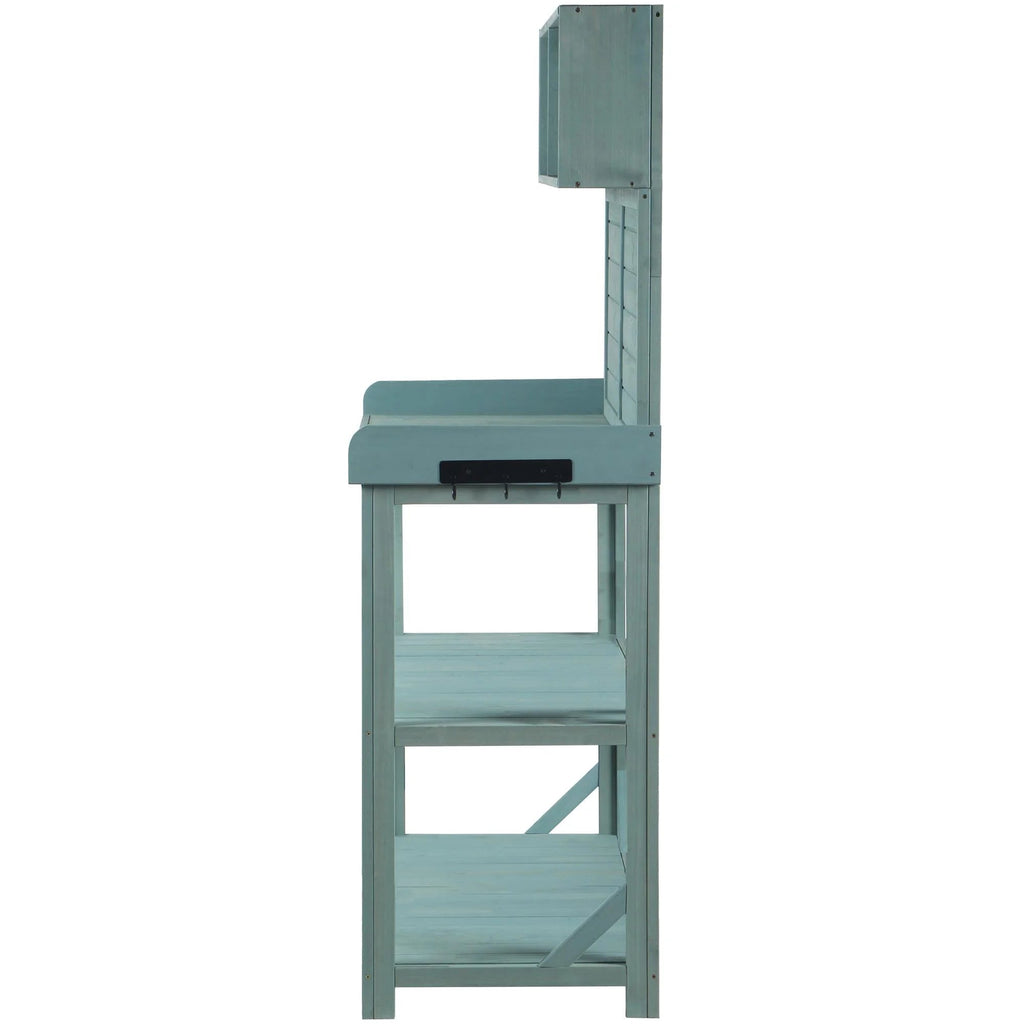 Wooden Outdoor Potting Bench Table With 4 Storage Shelves, Side Hook And Green Finish