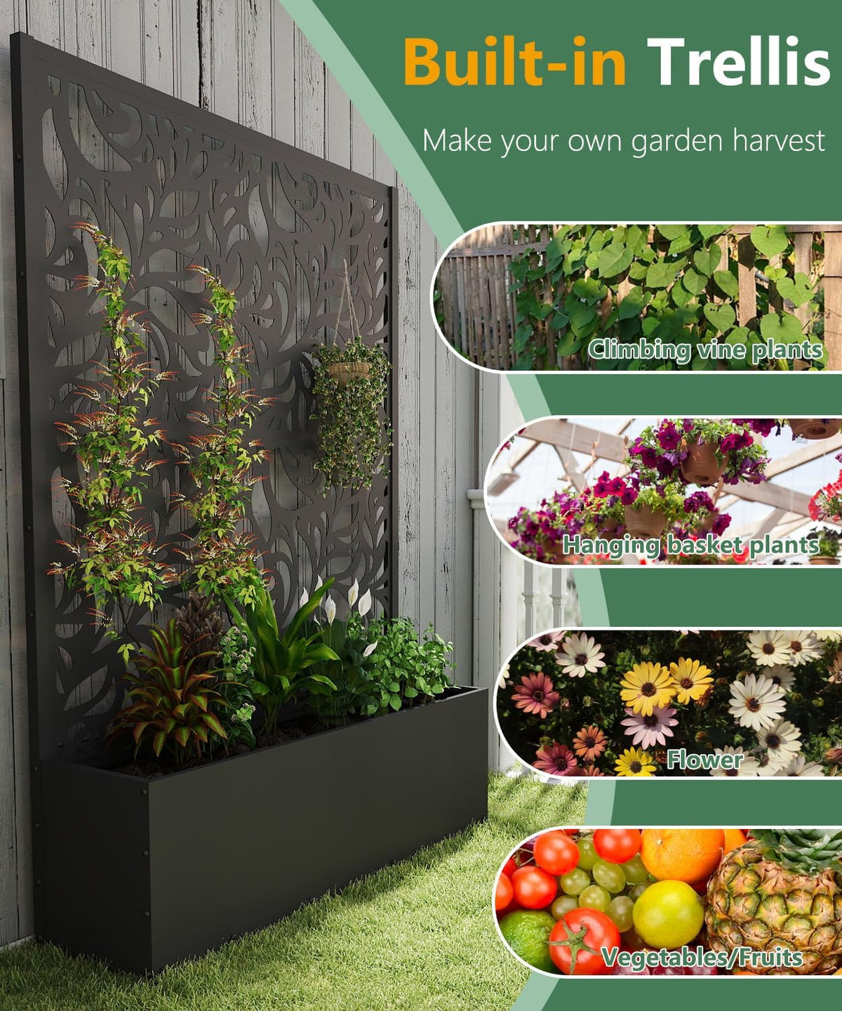 2PCS Metal Planter Box With Trellis 70.9in x 47.2in x 15.7in