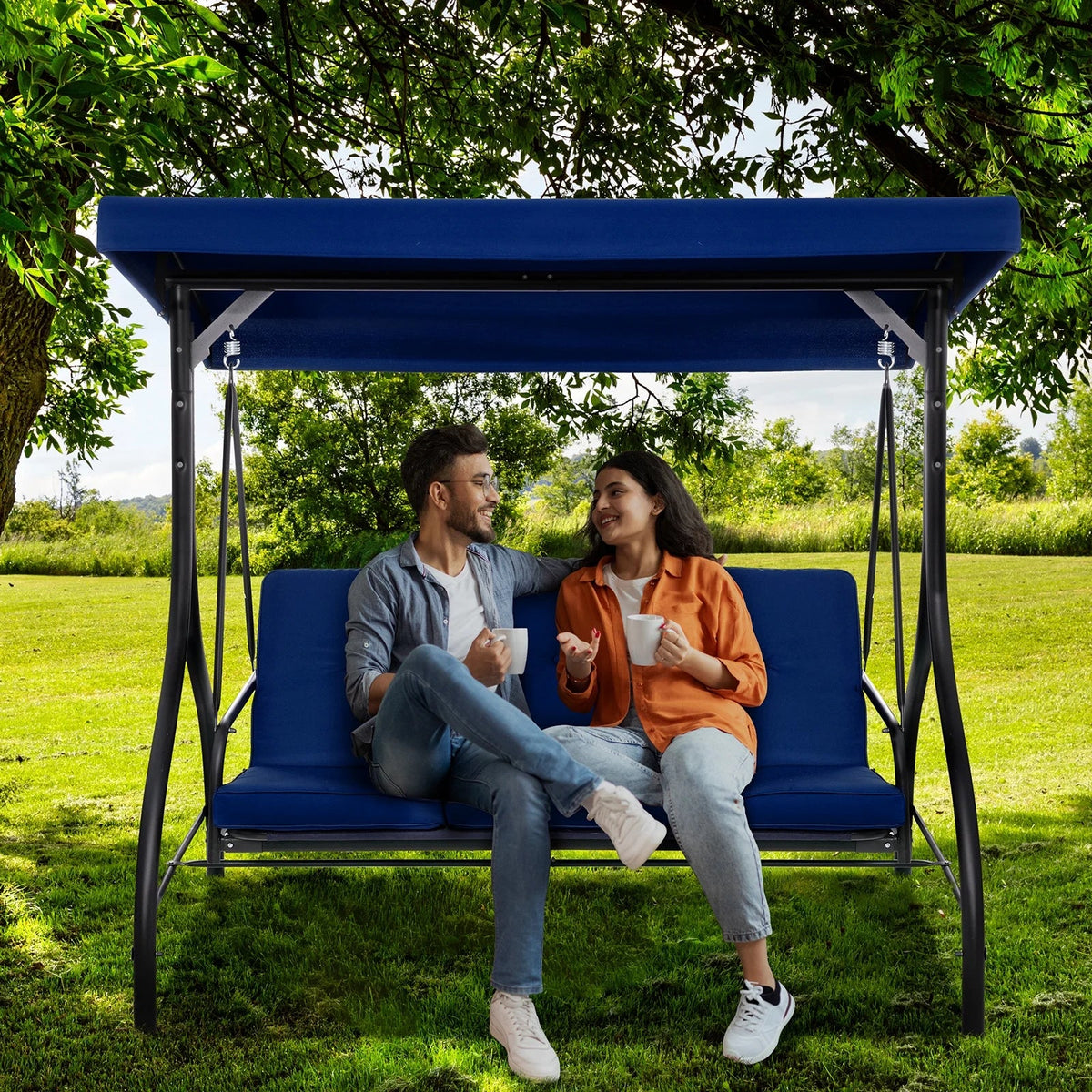 Arlopu 3-Person Outdoor Convertible Porch Swing Glider With Canopy