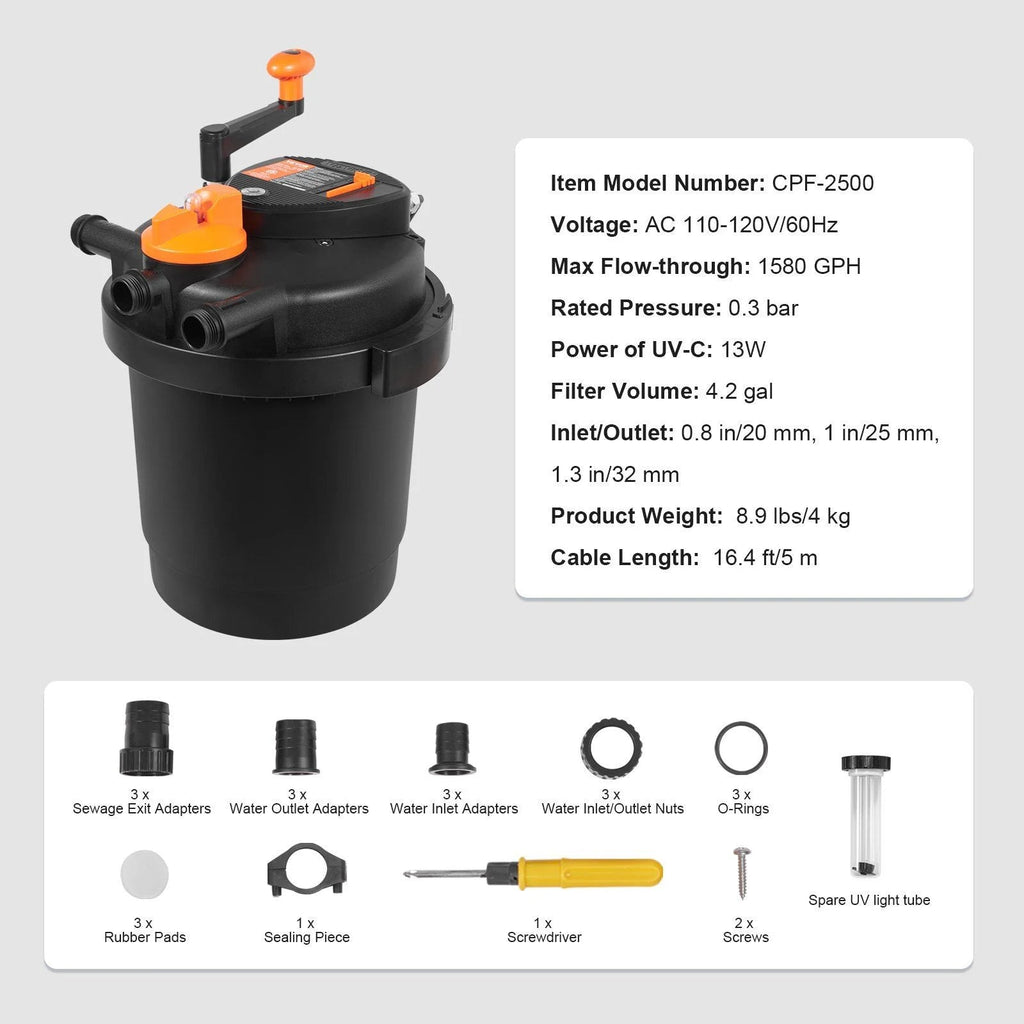 Bio Pressure Pond Filter With 13W UV-C Light, 1580 GPH, Up To 1600 Gallons