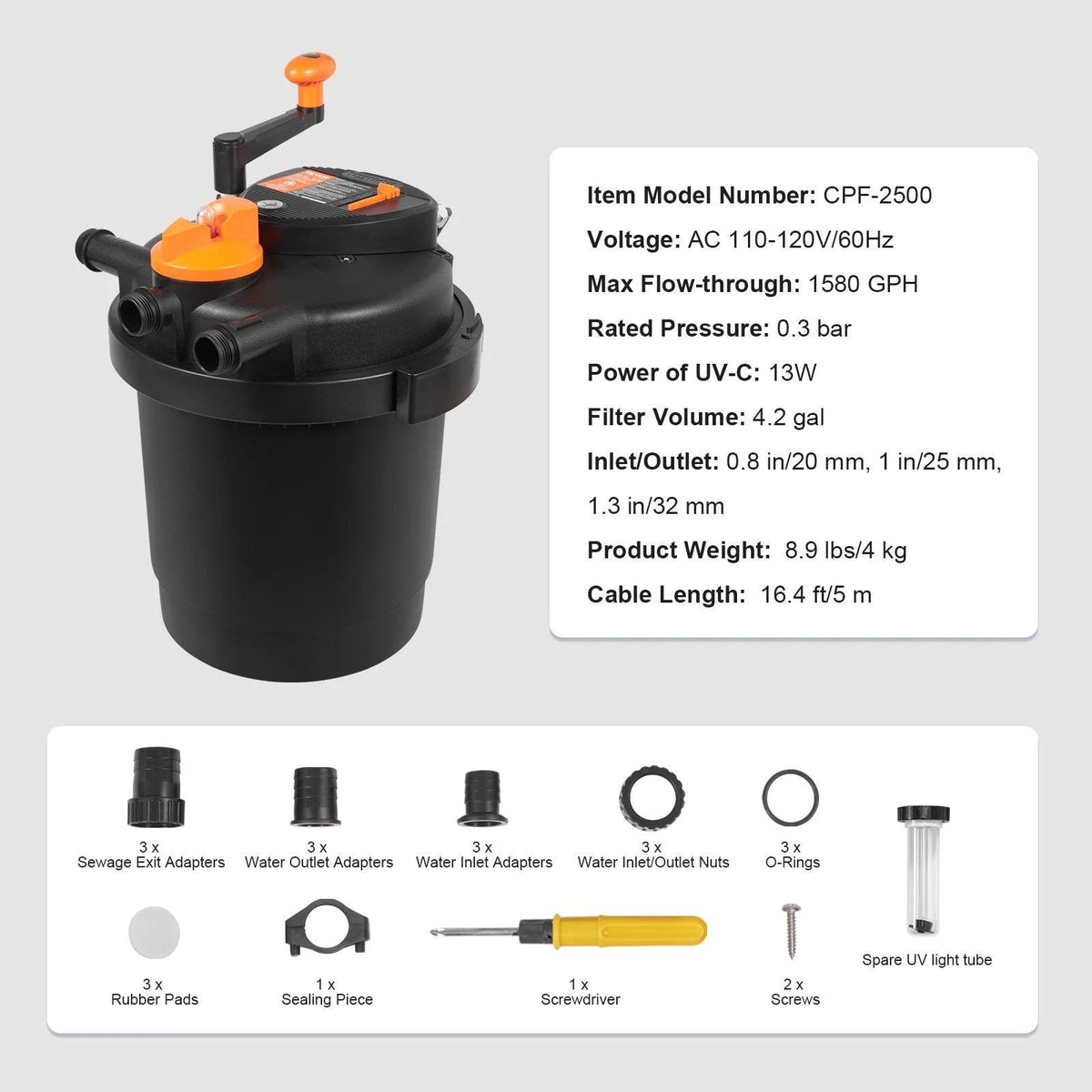 Bio Pressure Pond Filter With 13W UV-C Light, 1580 GPH, Up To 1600 Gallons