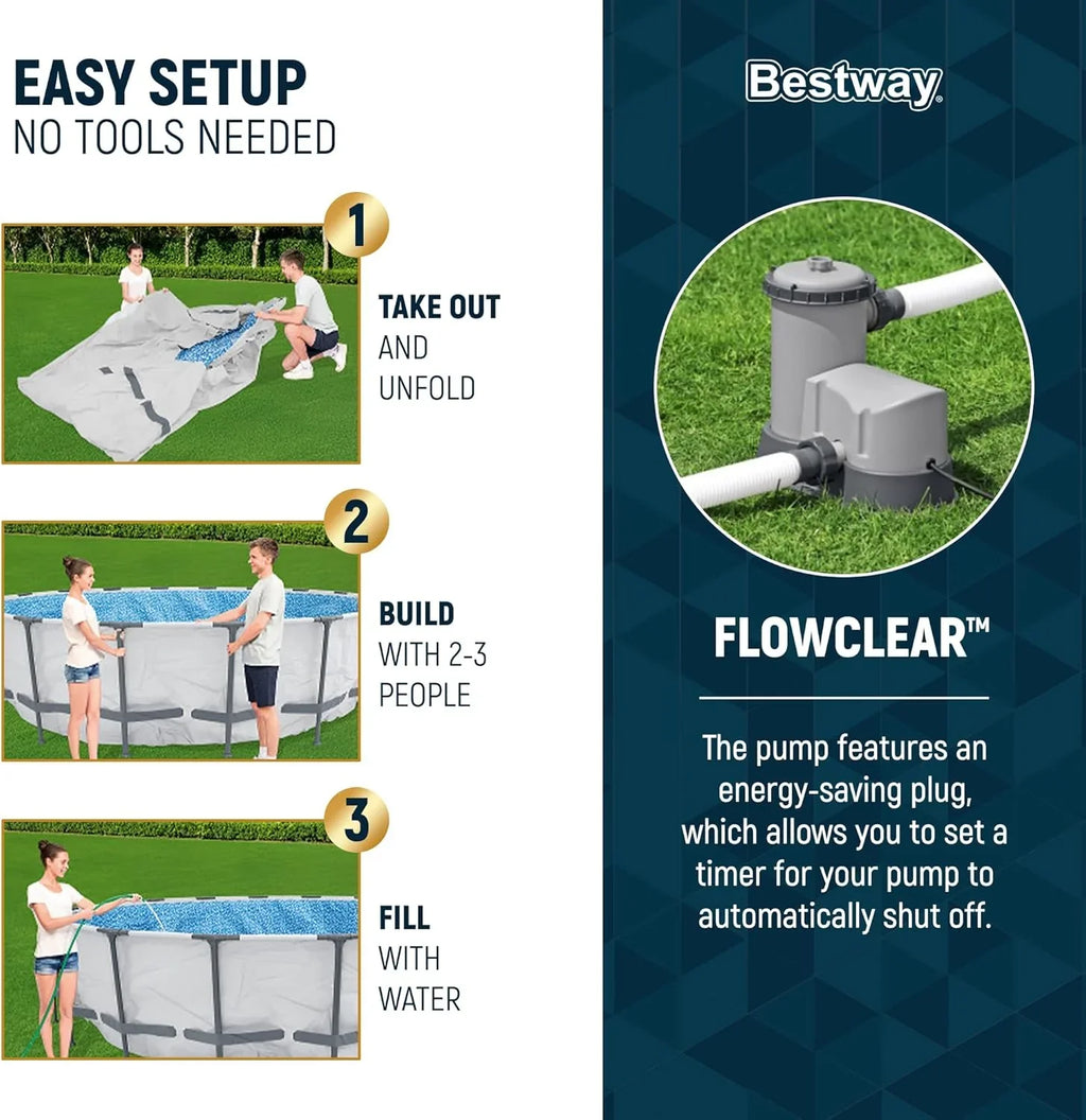Steel Pro MAX 14 Foot x 48 Inch Round Steel Frame Above Ground Pool Set With 1,000 Filter Pump, Ladder And Cover - Gray