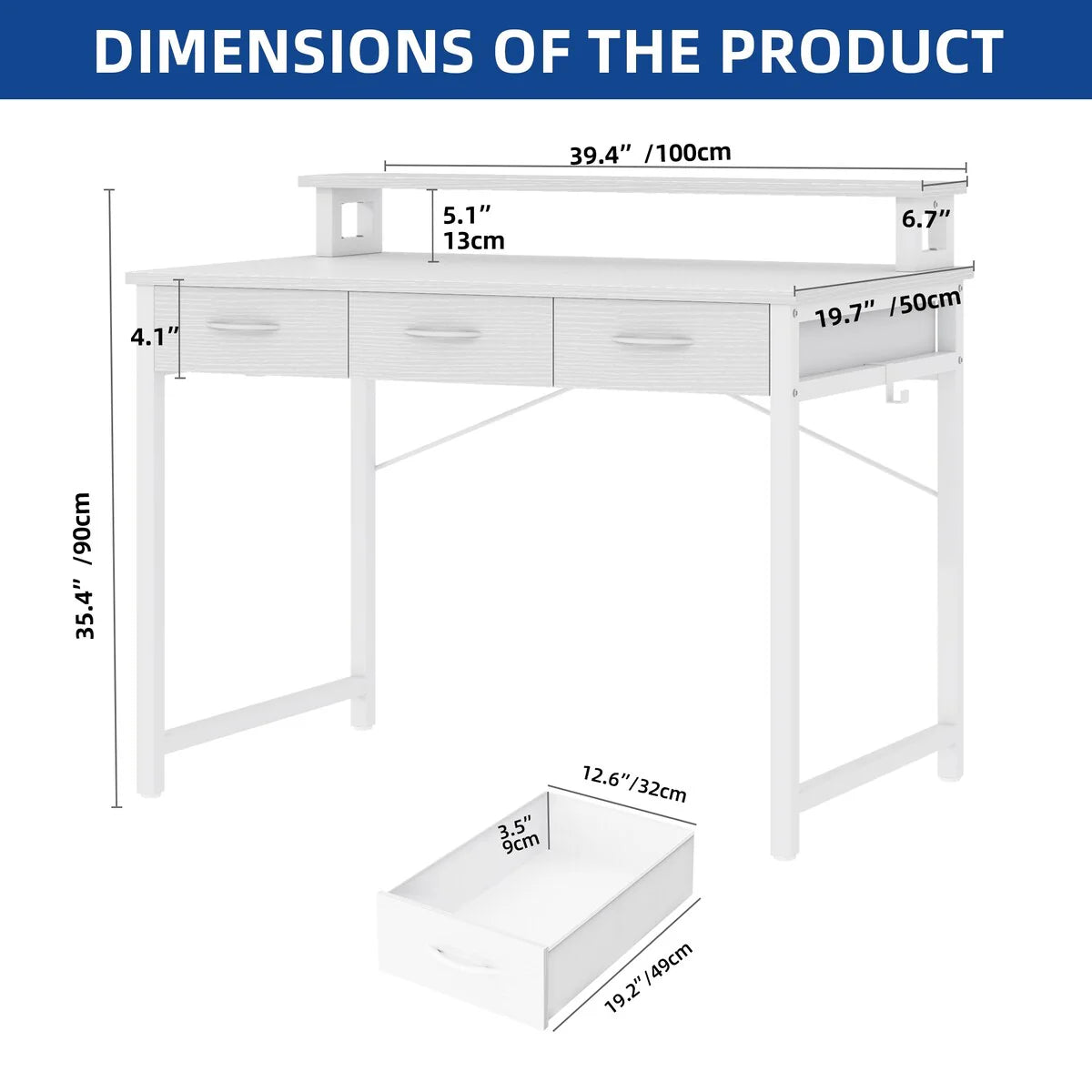 Computer Desk With 3 Fabric Drawers And Monitor Stand