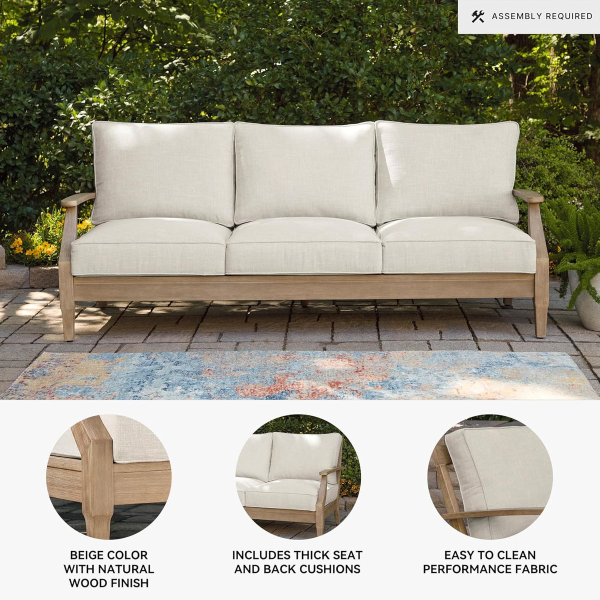 Signature Design by Ashley Clare View Outdoor Patio Eucalyptus Sofa With Cushions, Beige