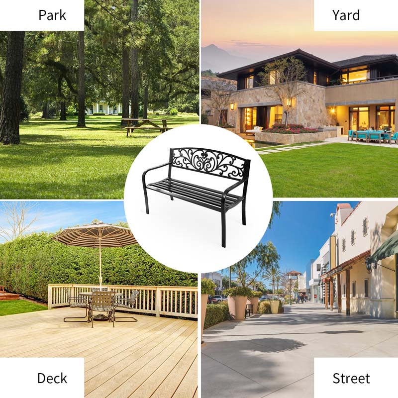 Outdoor Patio Bench With Cast Iron Backrest And Steel Frame, 50 x 23 1/2 x 33 1/2 in