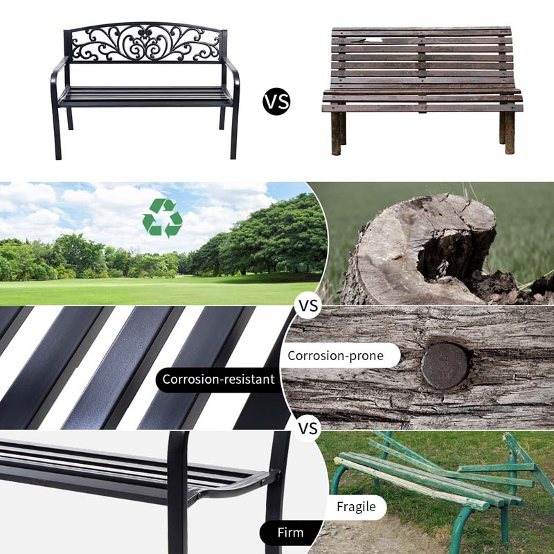 Outdoor Patio Bench With Cast Iron Backrest And Steel Frame, 50 x 23 1/2 x 33 1/2 in