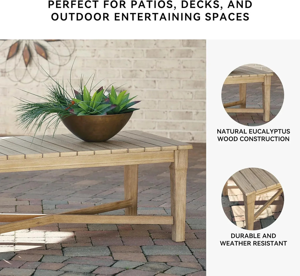 Signature Design by Ashley Clare View Outdoor Patio Eucalyptus Sofa With Cushions, Beige