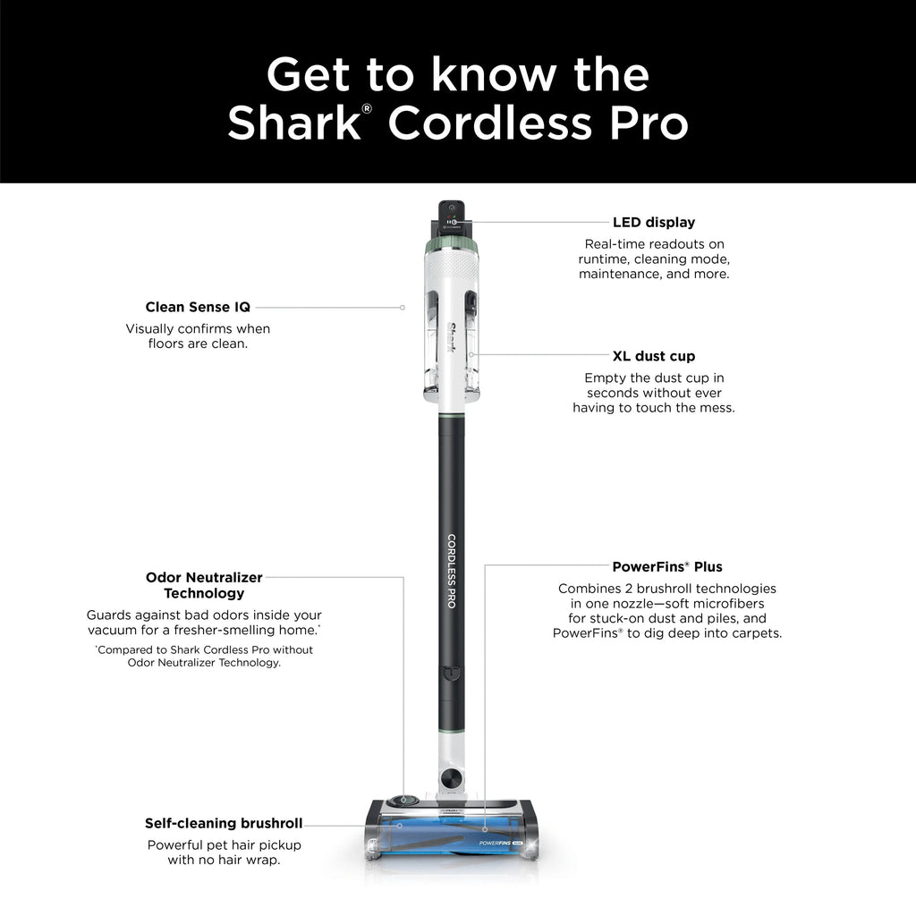 Shark Cordless Pro Stick Vacuum Cleaner With Clean Sense IQ And PowerFins+ Brushroll - IZ560H