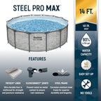 Steel Pro MAX 14 Foot x 48 Inch Round Steel Frame Above Ground Pool Set With 1,000 Filter Pump, Ladder And Cover - Gray