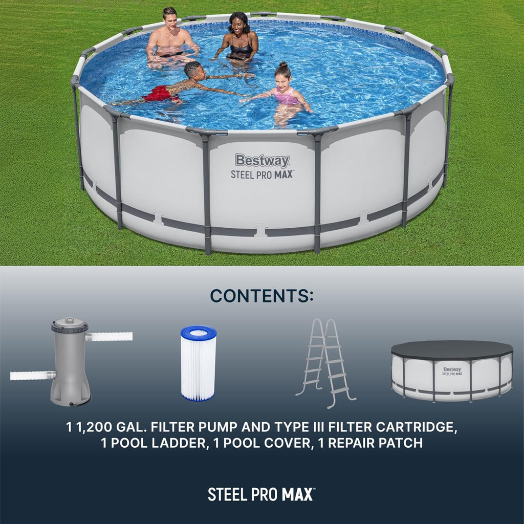 Steel Pro MAX 14 Foot x 48 Inch Round Steel Frame Above Ground Pool Set With 1,000 Filter Pump, Ladder And Cover - Gray