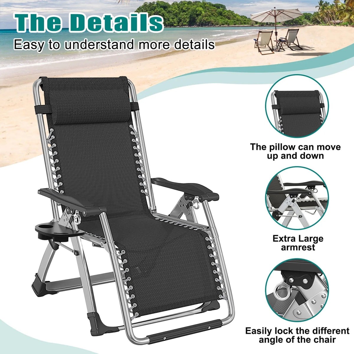 Docred Zero Gravity Folding Recliner Chair With Pad, Headrest And Cup Holder